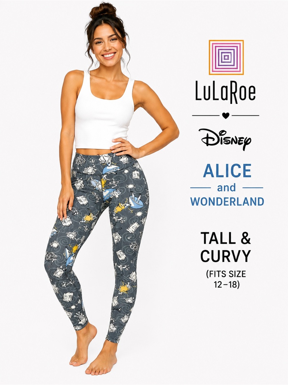 LuLaRoe Disney - ALICE & WONDERLAND TUMBLING Women TC Gray Leggings